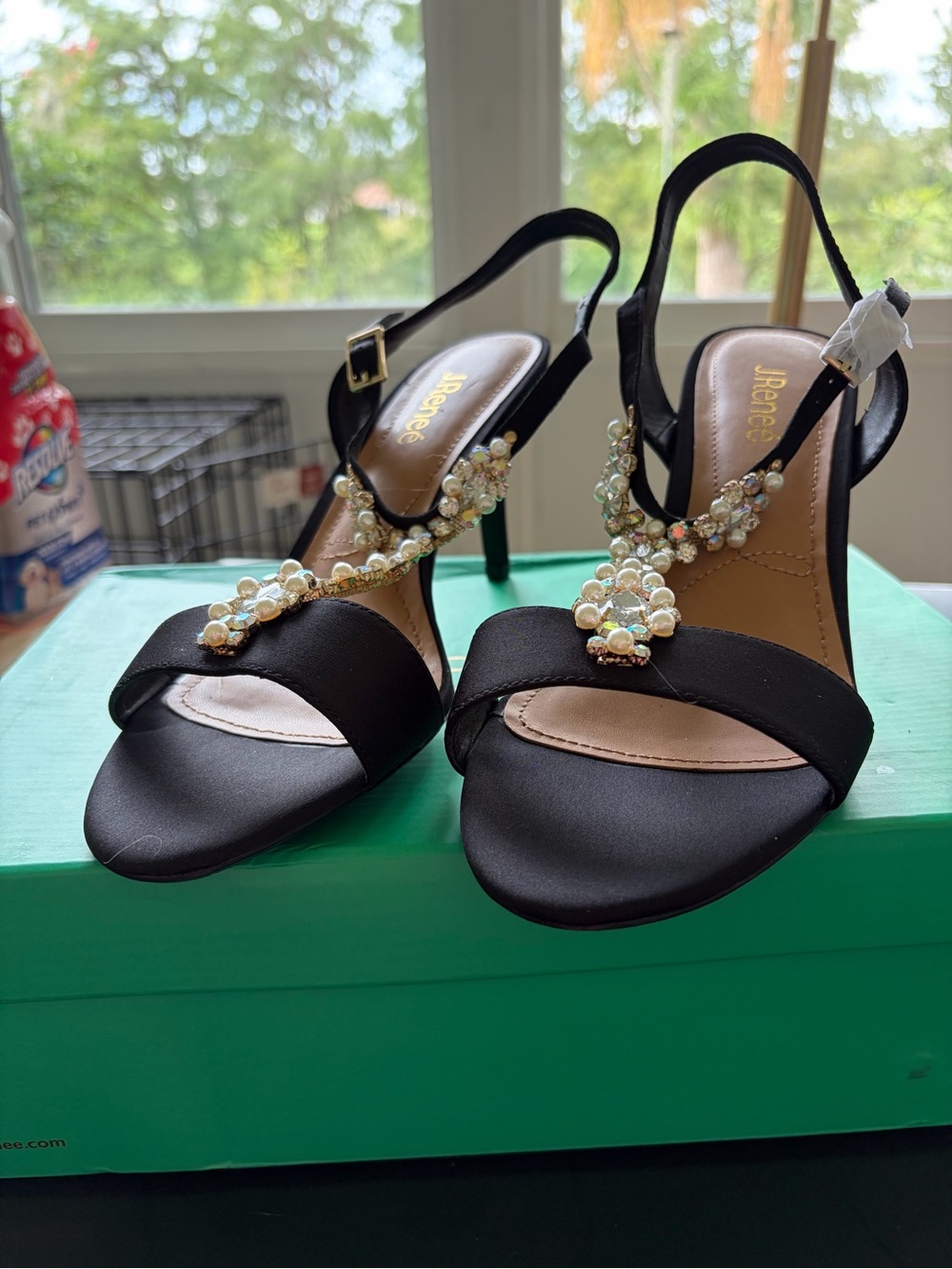 J.Renee Black Satin Pearl & Crystal T-Strap Heels